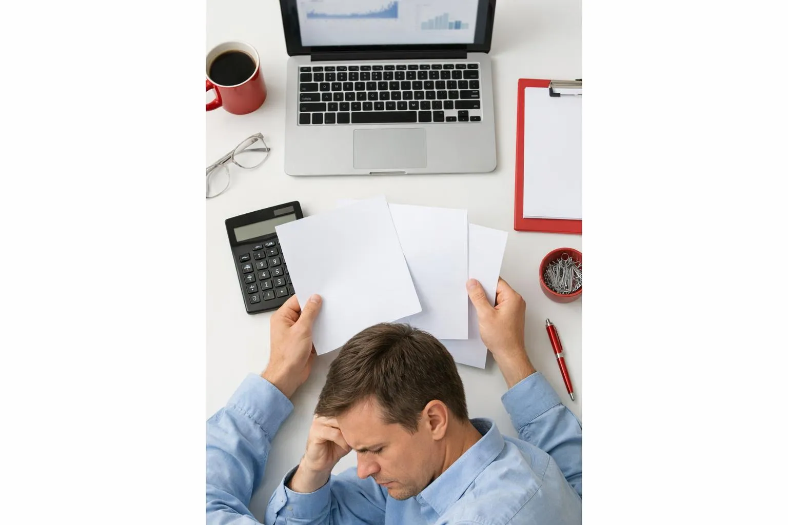 Frustrated businessman working at desk with laptop and documents.