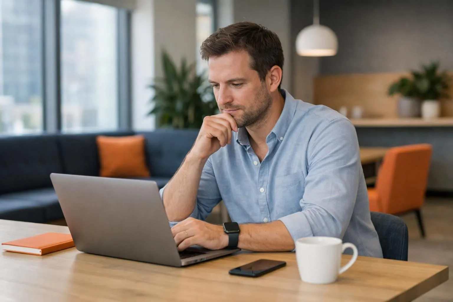 Entrepreneur reviewing Reddit discussion threads on laptop screen with AI website builder interface visible in background, modern coworking space environment with natural lighting