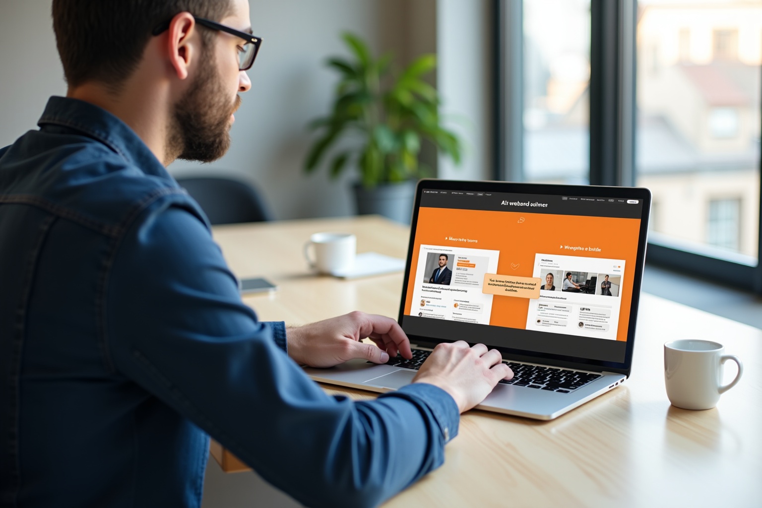 Man in blue shirt working on laptop with website displayed.