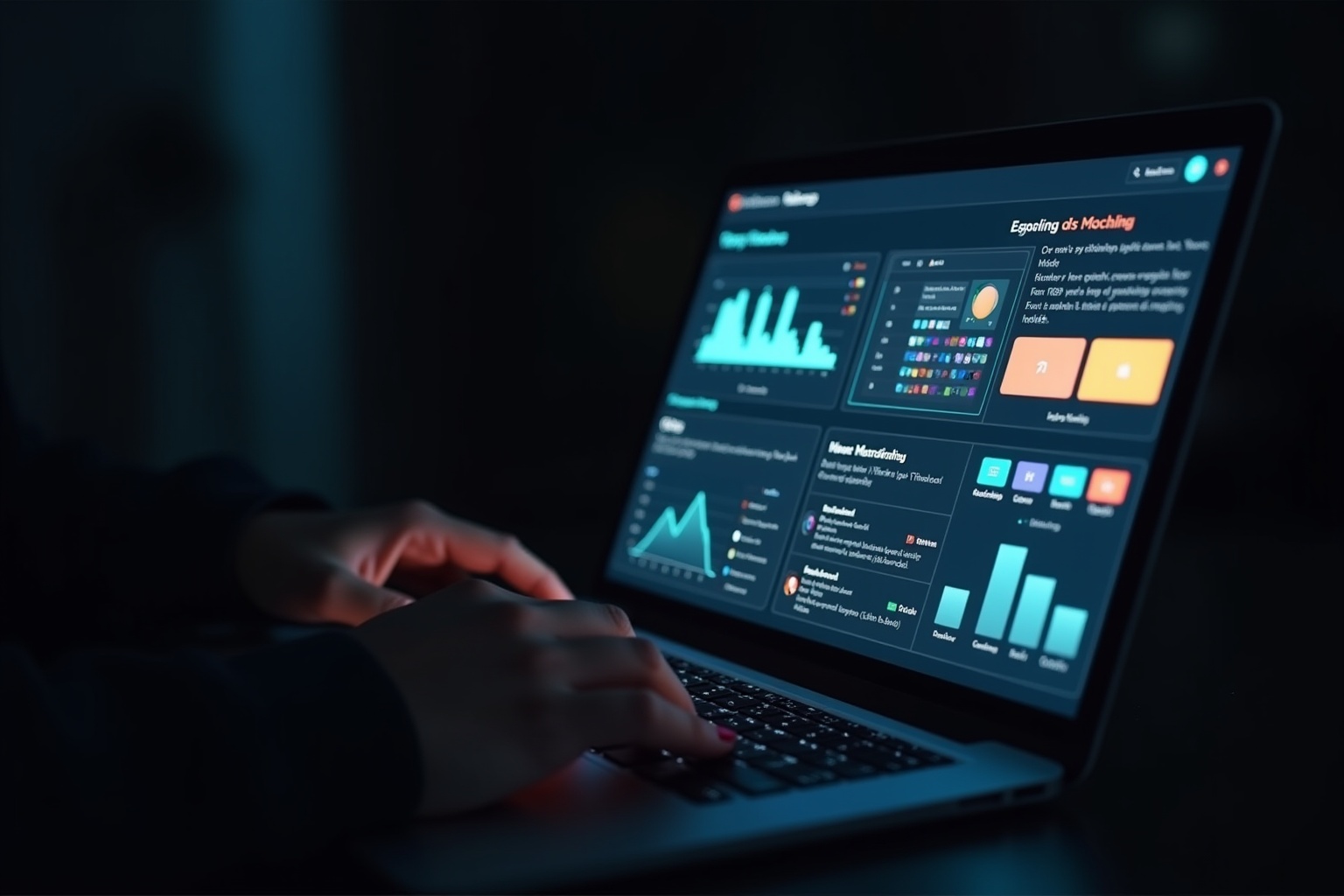 Laptop displaying a data analytics dashboard in a dark setting.