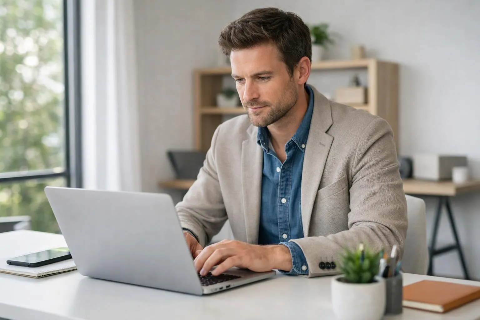 A man in a beige jacket working on a laptop.