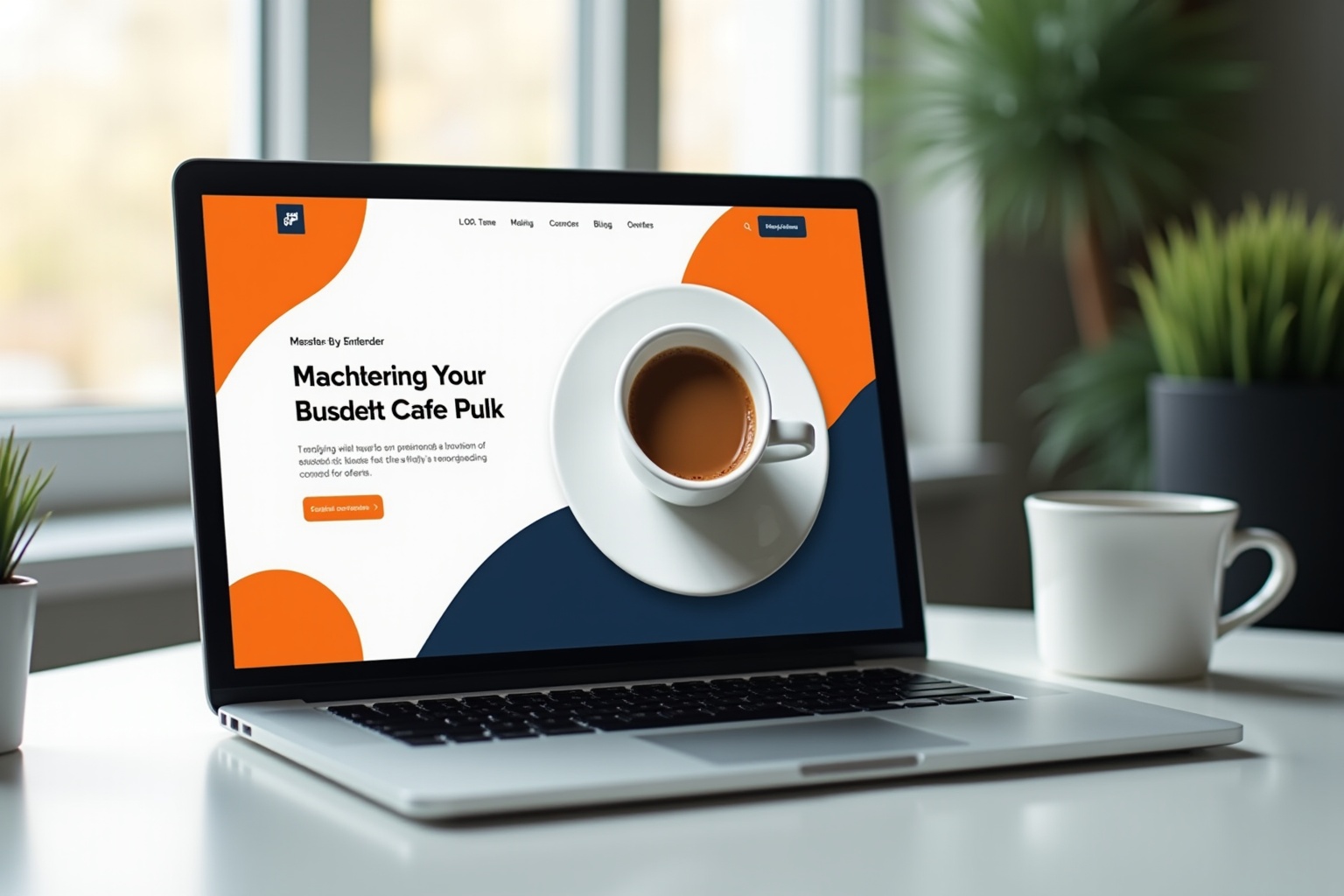 A laptop displaying an article about Machtering Your Busdett Cafe Pulk, with a cup of coffee in the foreground.