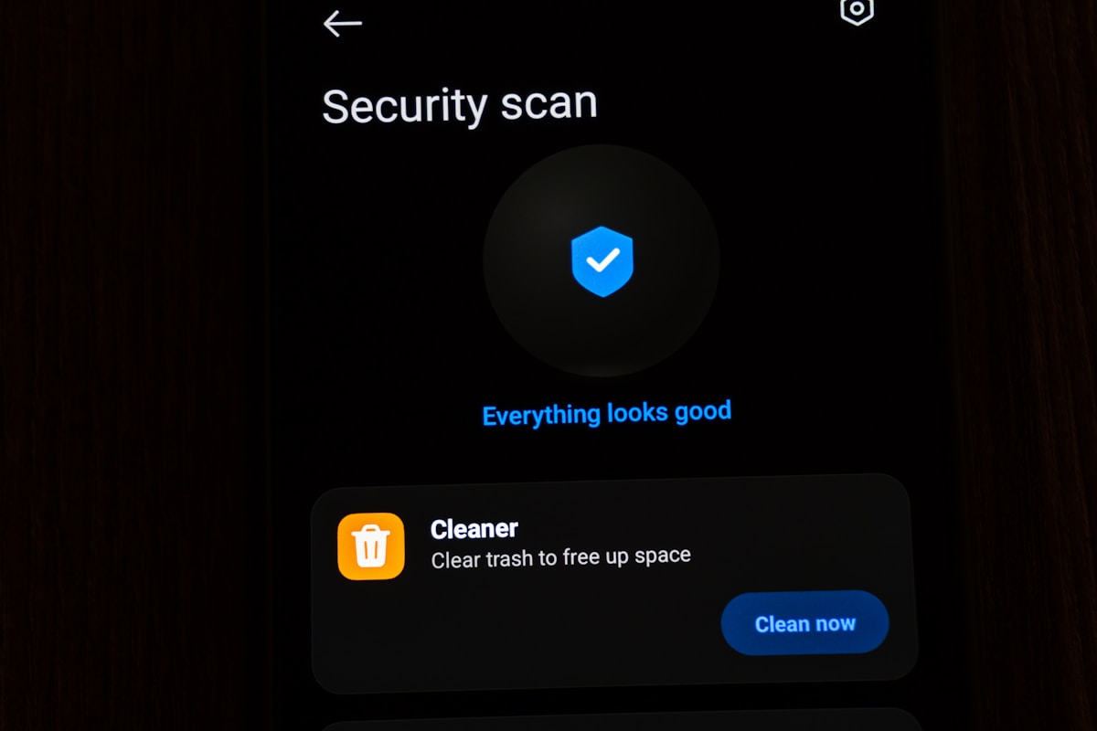 Mobile phone showing a security scan and cleaner interface.