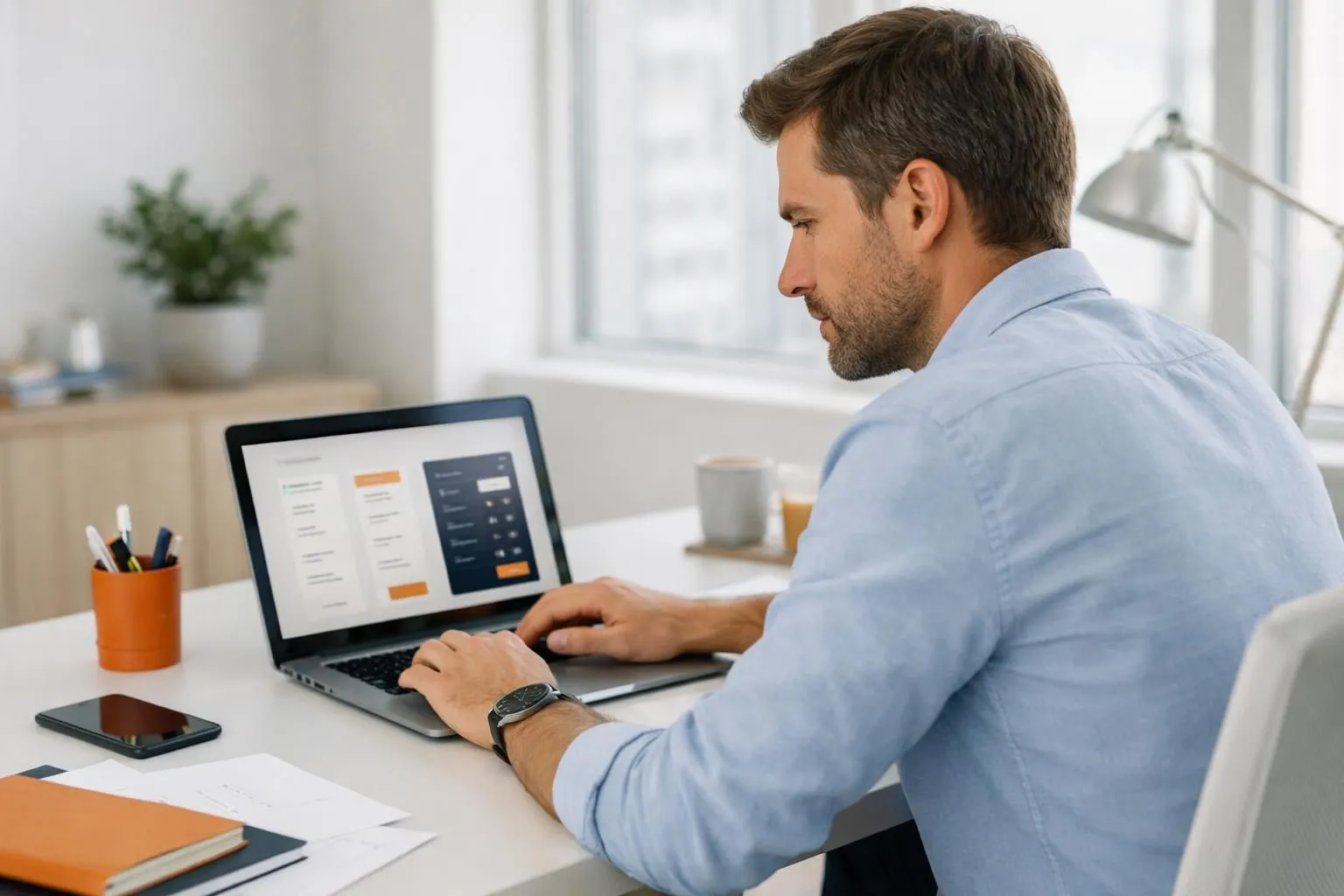 Entrepreneur at modern desk comparing website builder pricing on laptop screen, with digital interface elements and budget calculation sheets visible, bright office environment showcasing cost-effective technology
