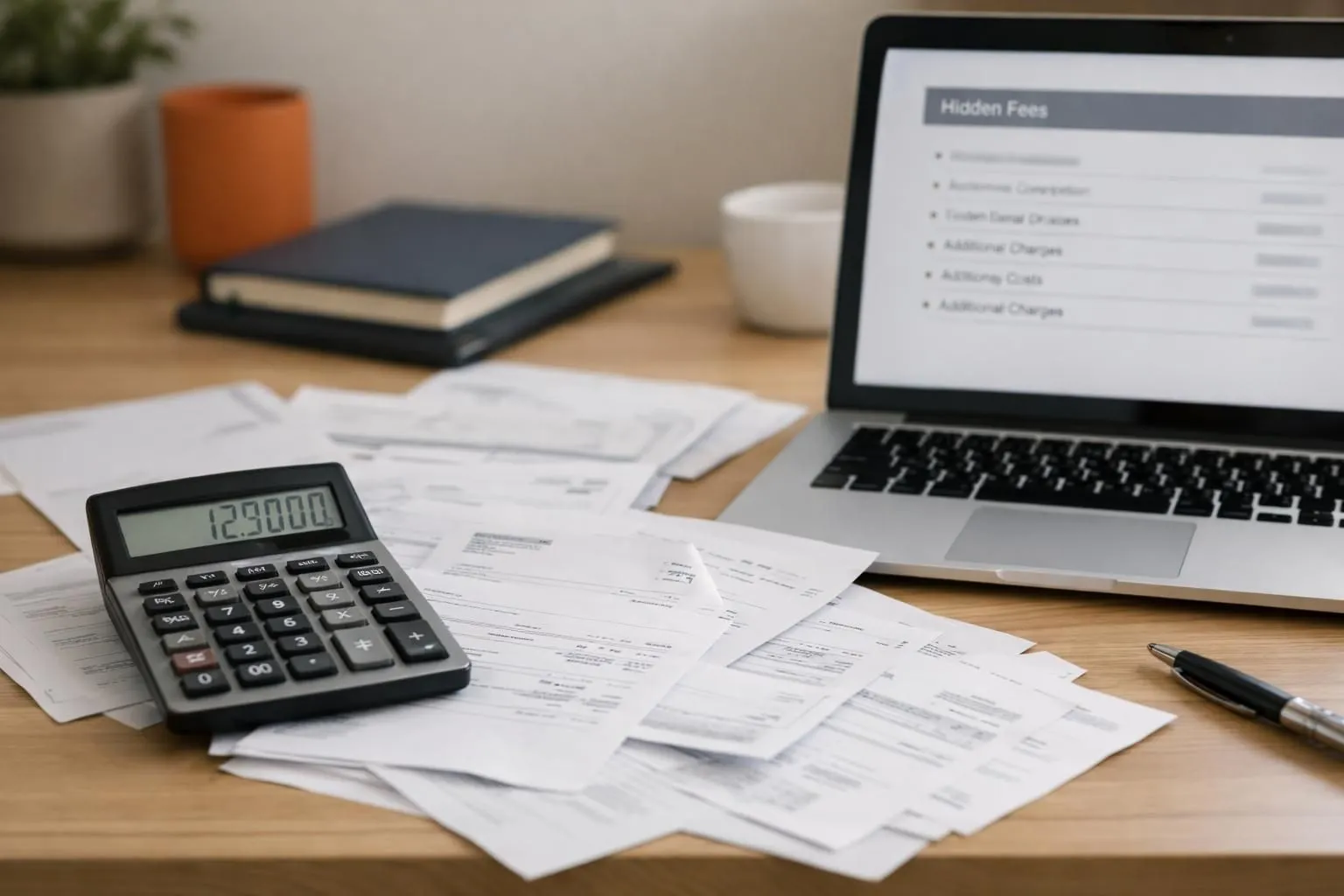 Frustrated entrepreneur at desk surrounded by bills and invoices with shocked expression, calculator showing unexpected high numbers, laptop displaying hidden fee breakdown, representing budget website builder cost surprises in modern office setting