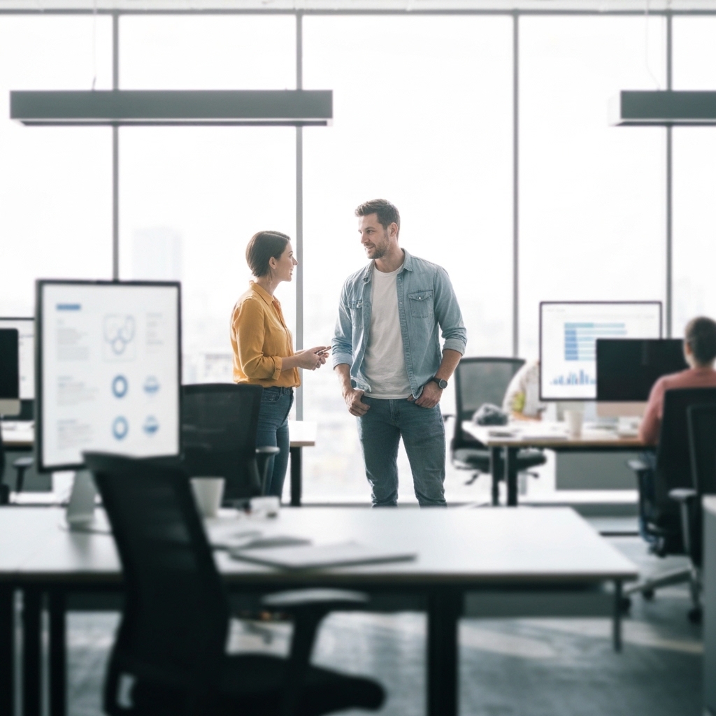 [An intriguing image of one person whispering a secret to another in a professional/tech setting.]