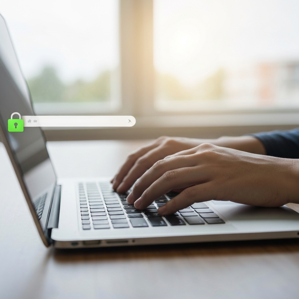 [Close-up shot of a person's hands typing on a laptop, with a subtle green padlock icon glowing on the screen's browser bar, indicating a secure connection.]