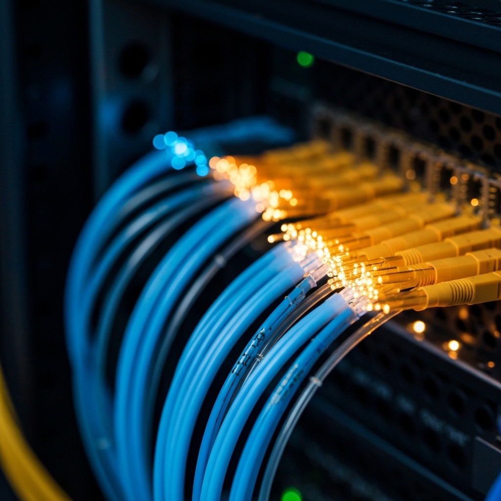 A sleek, modern server room with glowing blue data streams flowing between racks, representing a protected global network.