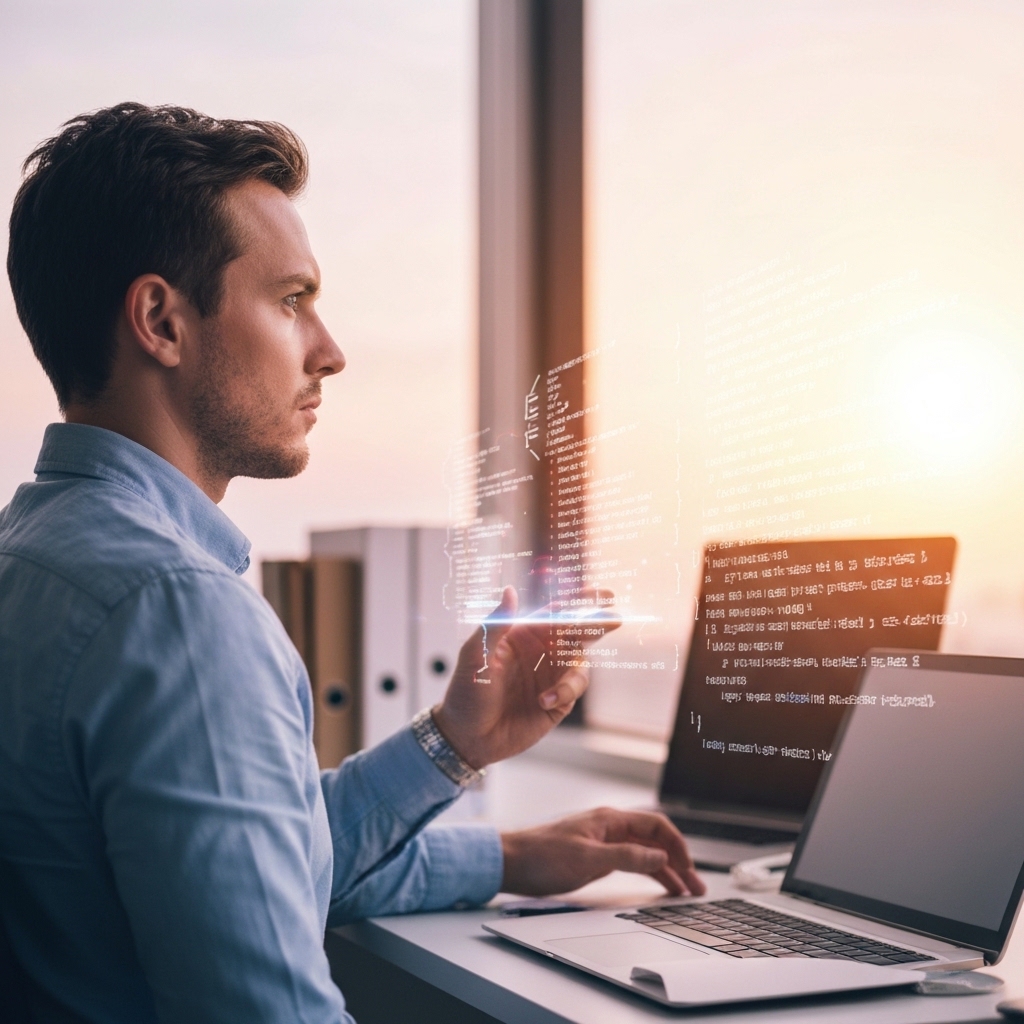 A digital architect in a modern, dark office, observing a complex, perfectly aligned code structure being assembled automatically on a large holographic display.
