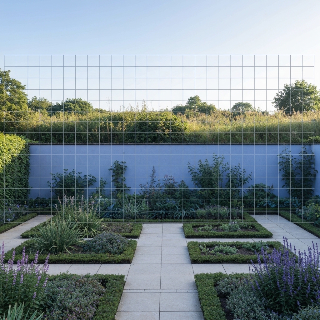 An image of a serene, well-maintained walled garden, contrasting with a chaotic, open landscape outside.