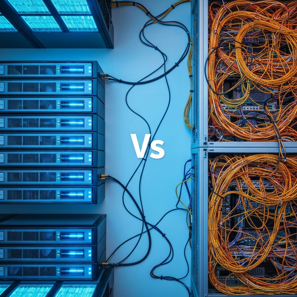 A sleek, modern server room with perfectly organized, glowing blue servers on one side, contrasted with a chaotic, messy server rack on the other side with tangled wires and blinking red error lights.