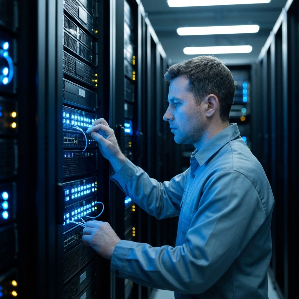 [A close-up shot of a server rack with glowing blue lights, with a transparent digital lock overlay symbolizing data security and compliance.]