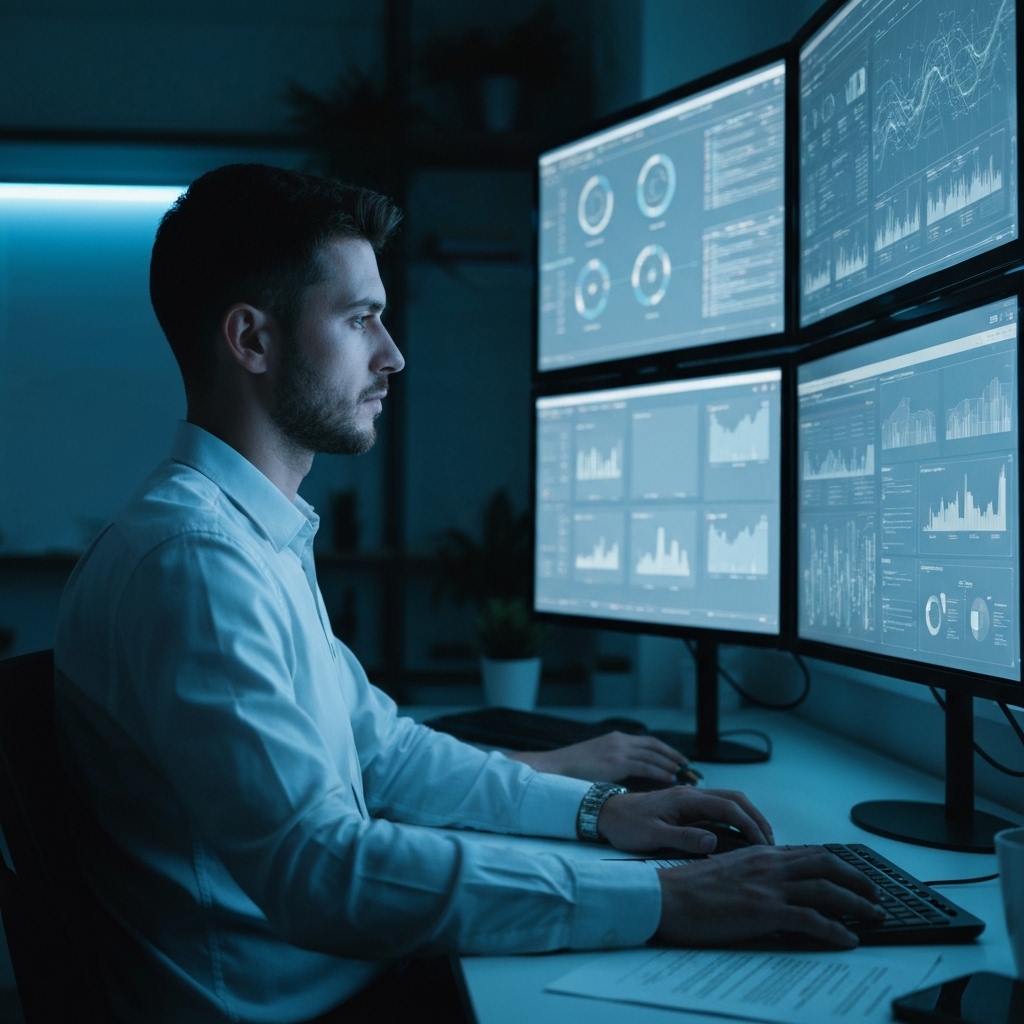 [A cybersecurity expert intently analyzing multiple screens displaying code and threat maps in a dimly lit, modern security operations center.]