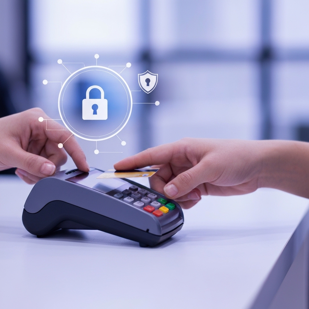 Close-up of a customer's hand securely tapping their credit card on a sleek, modern payment terminal in a boutique retail setting, with the background softly blurred.