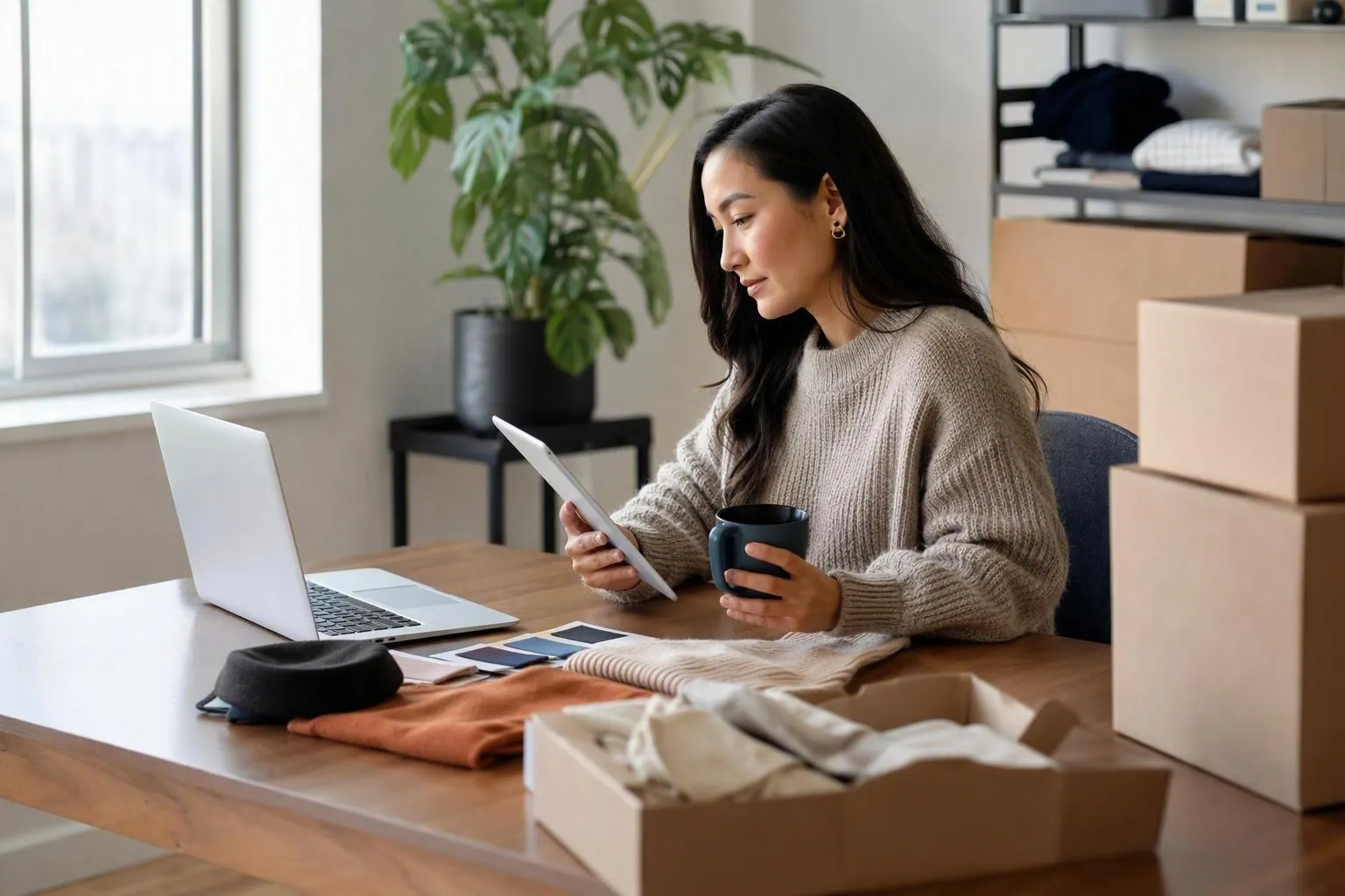 Woman packing clothes while working at laptop, holding coffee mug