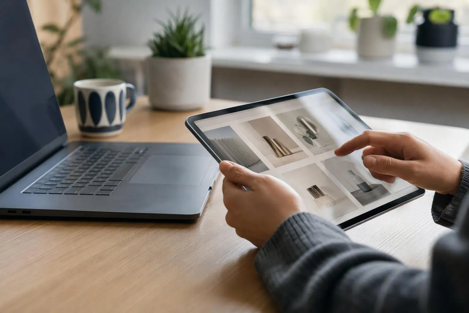 Person holding tablet beside laptop on wooden desk