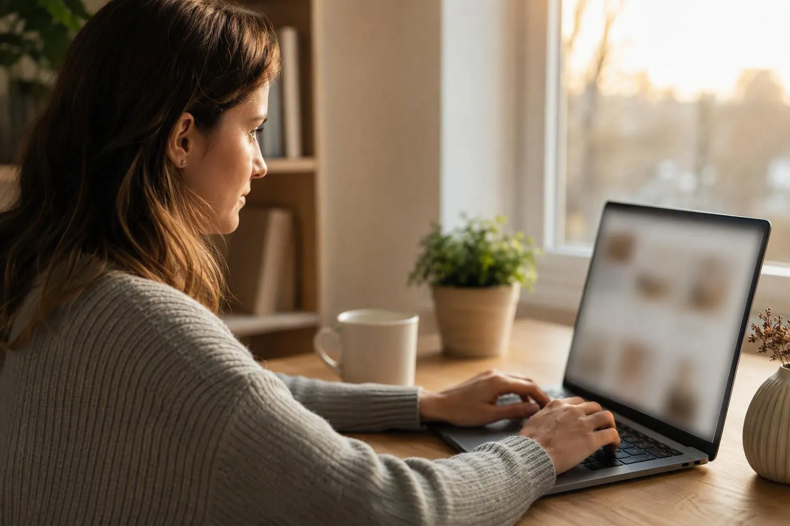 Woman typing on laptop beside window and coffee mug