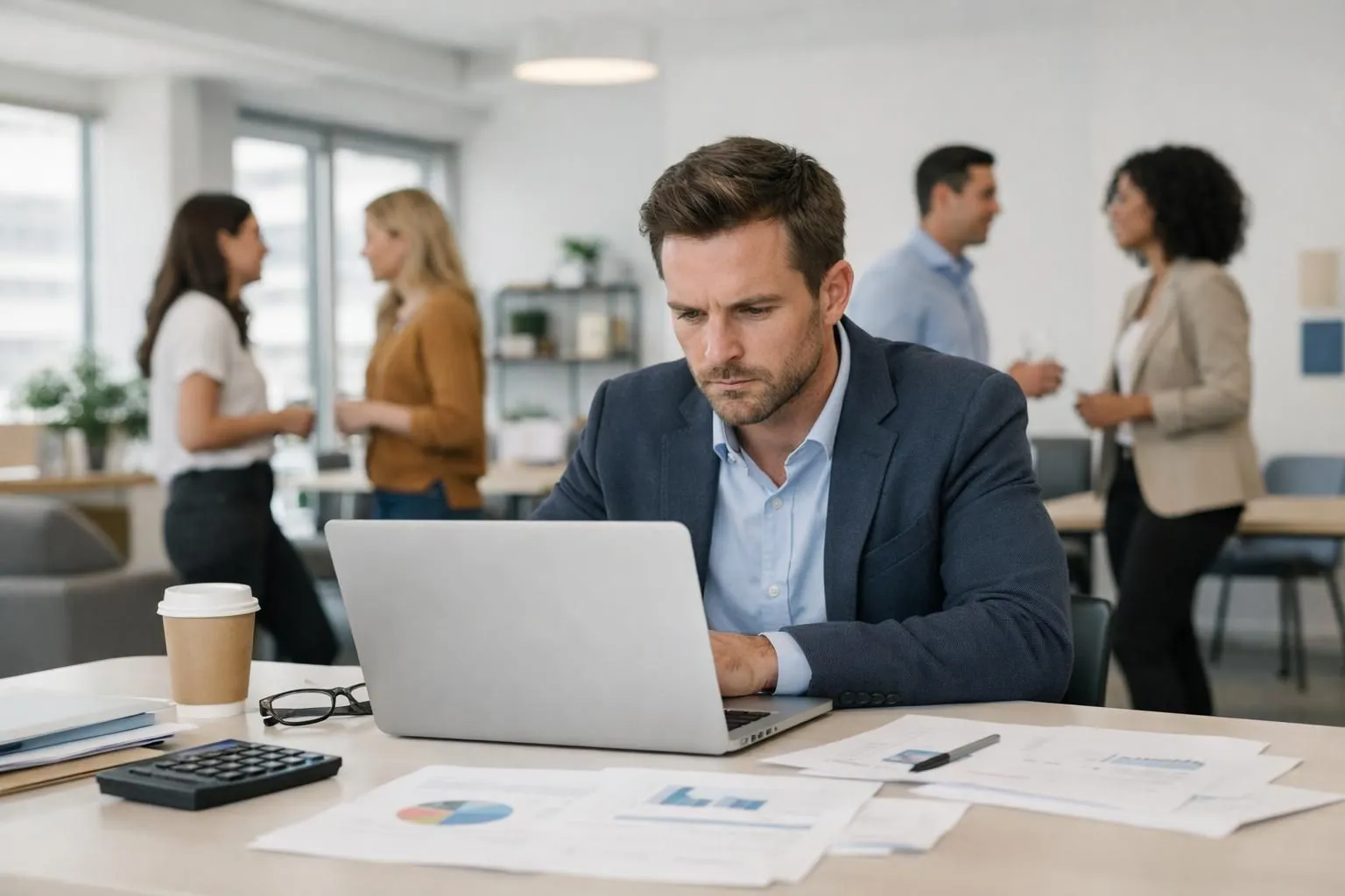 Business professional analyzing software pricing comparison charts on laptop screen in bright modern office with colleagues discussing development options in background, financial documents visible on desk
