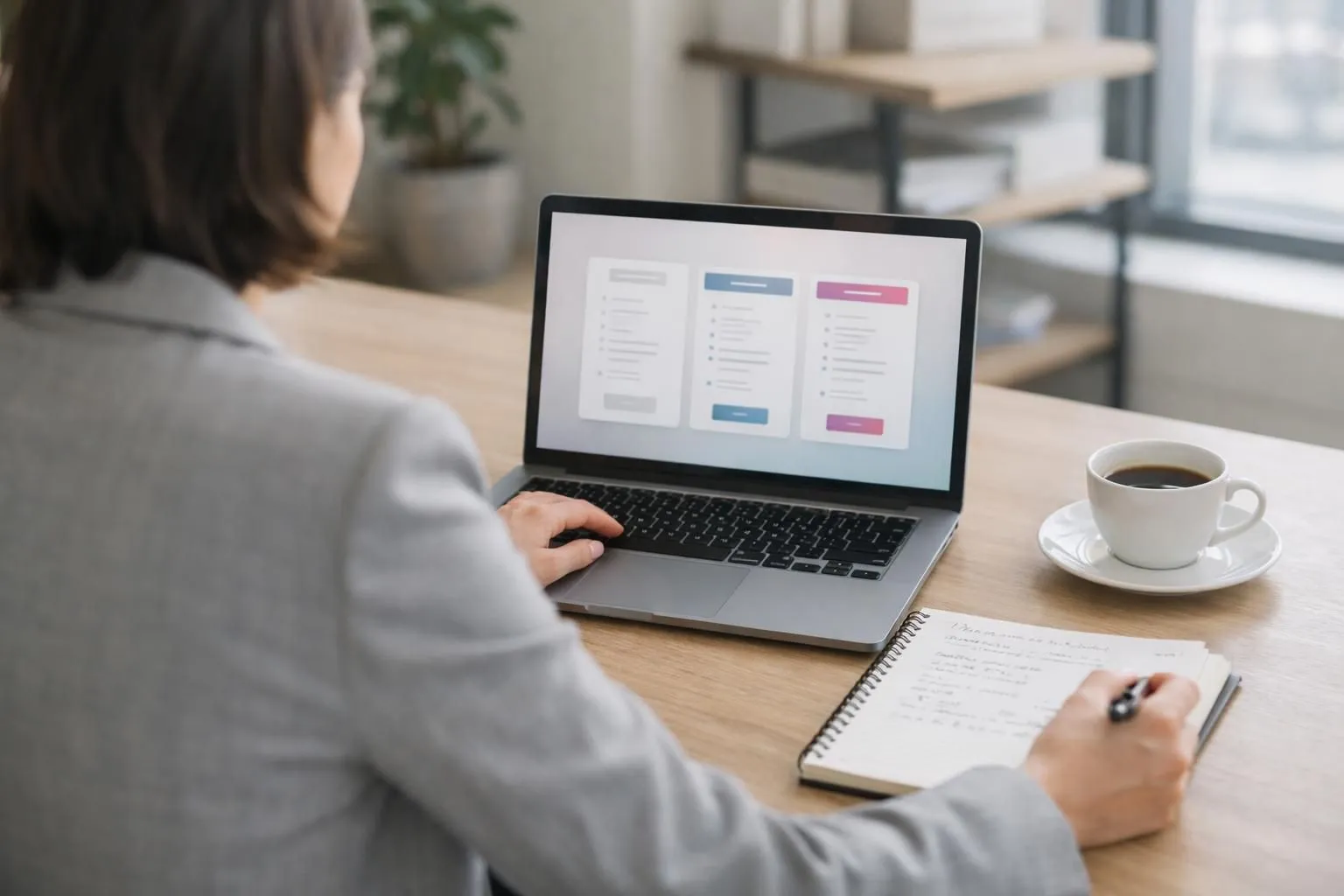 Business professional reviewing digital pricing tiers on laptop screen with calculator and handwritten budget notes on desk, modern office setting with coffee cup, focused on Builder.ai cost analysis and tier comparison for app development decisions