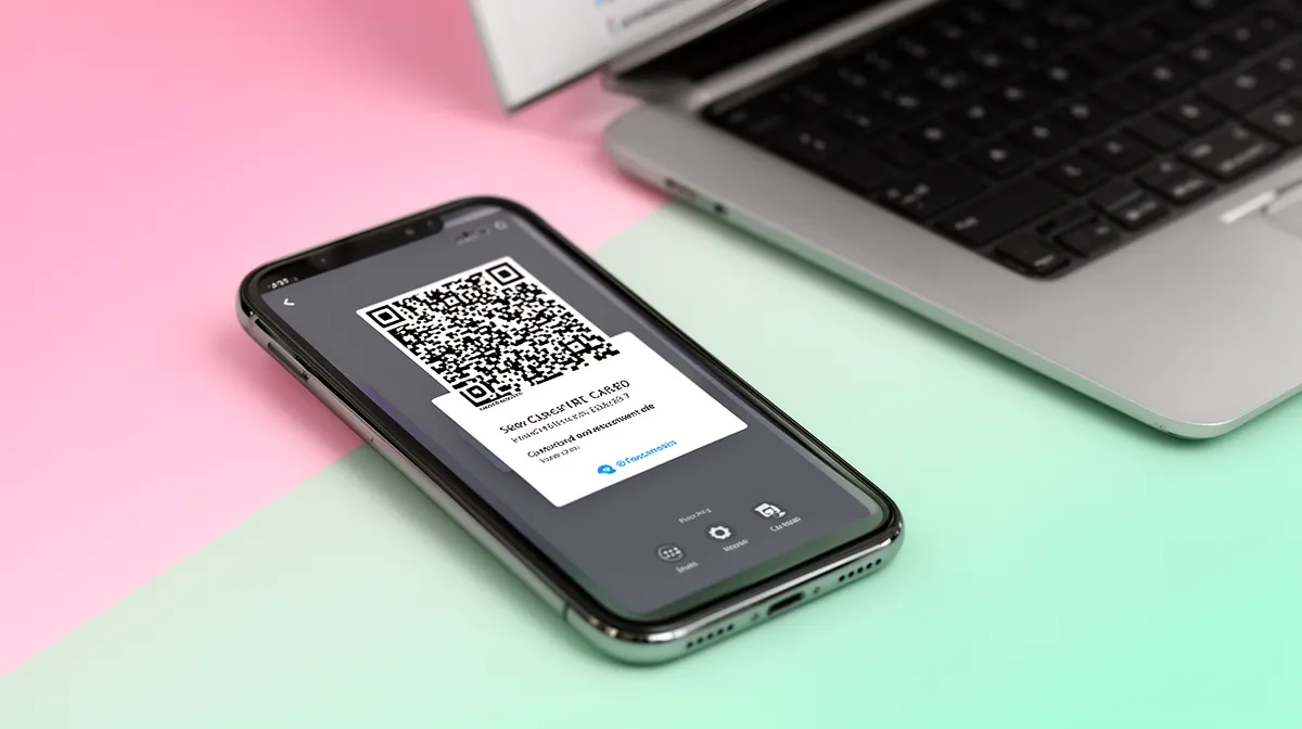 Smartphone displaying QR code on pink and mint background.