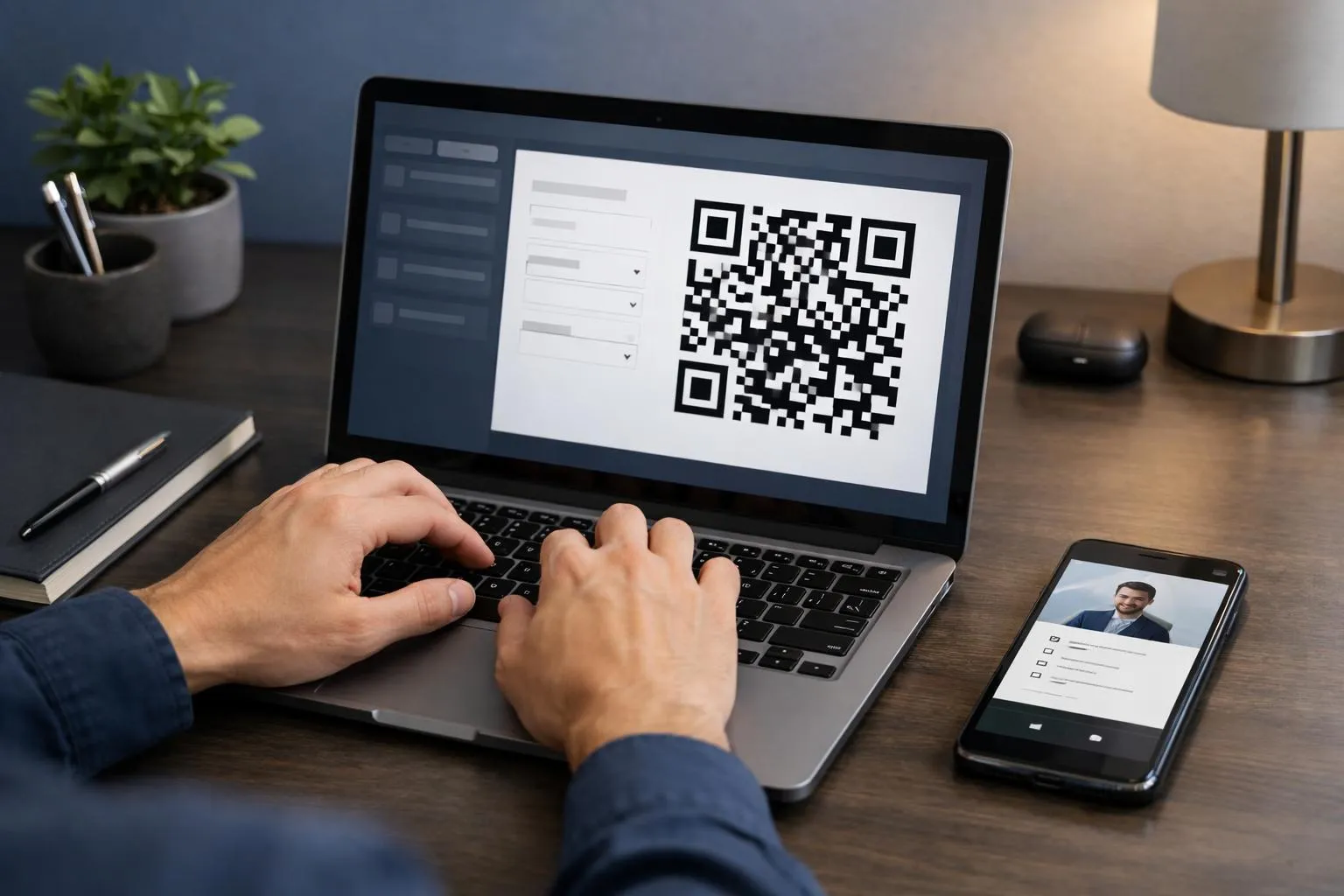 Laptop displaying QR code, smartphone with profile image, office desk setup.