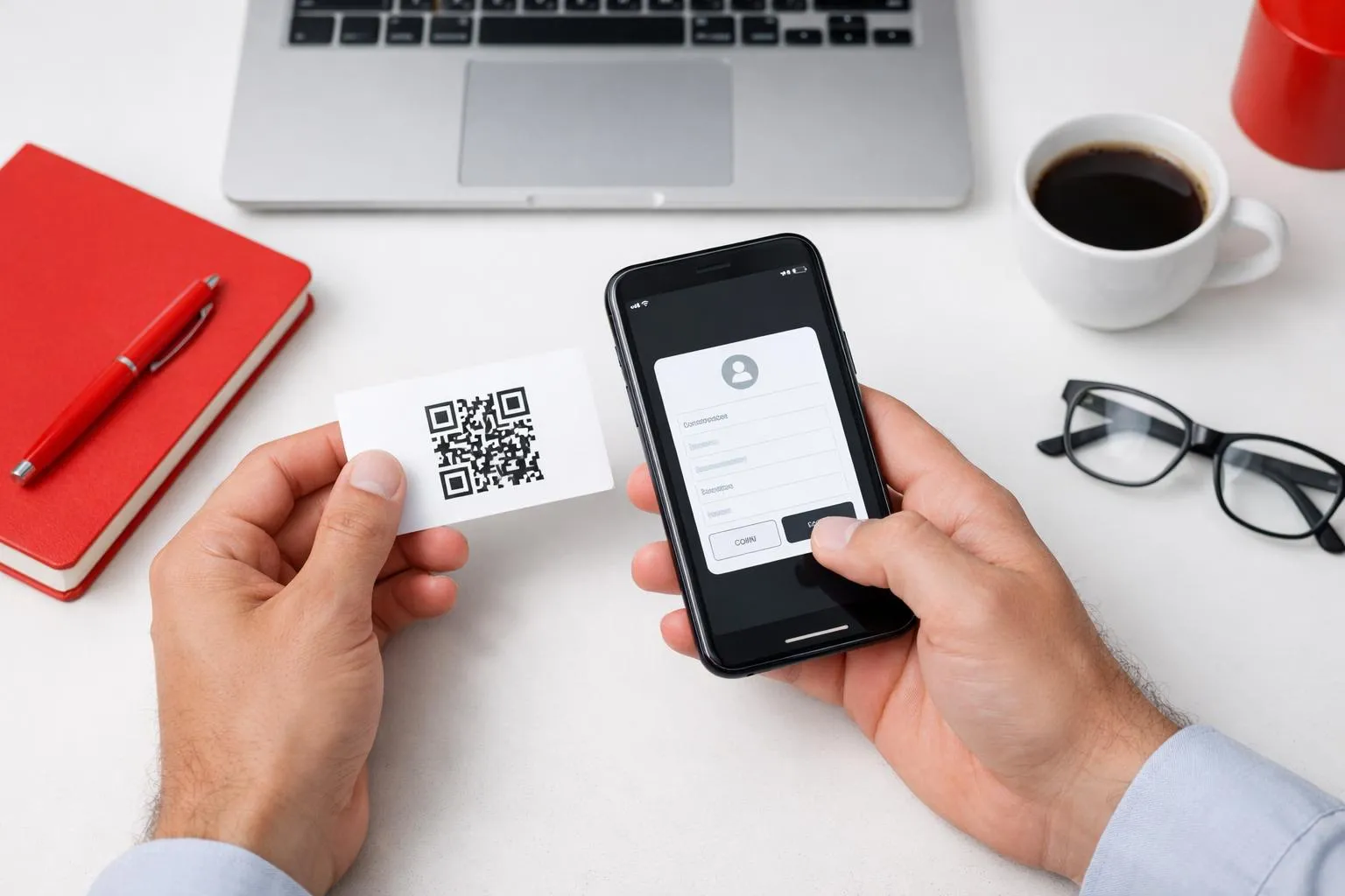 Smartphone scanning QR code on desk with laptop and coffee.