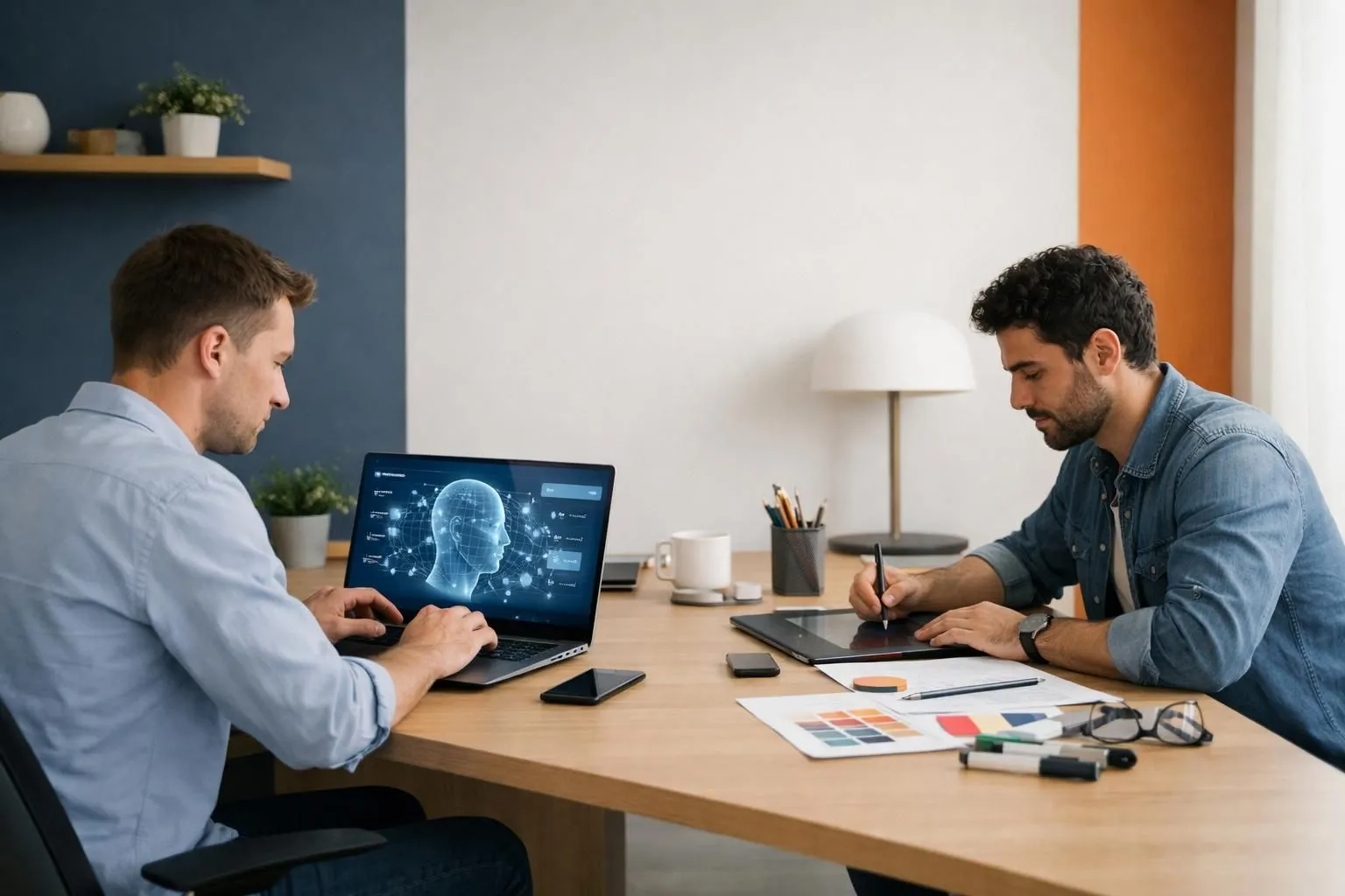 Split-screen comparison showing entrepreneur working on laptop with holographic AI interface on left side and designer working with creative tools on right side, modern office environment with digital elements, no text or words visible