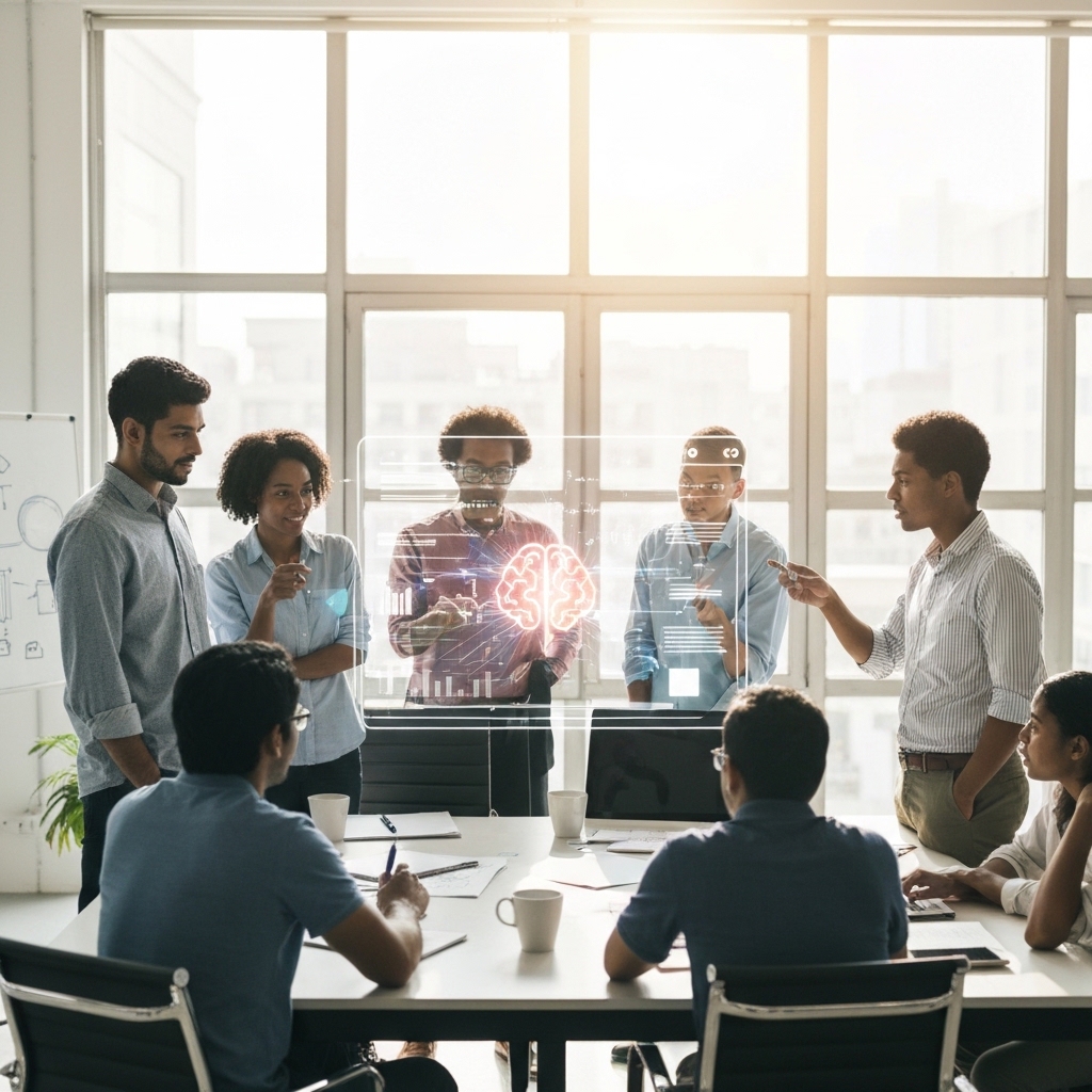 [A diverse group of entrepreneurs collaborating around a glowing, holographic website interface in a modern, sunlit office space.]