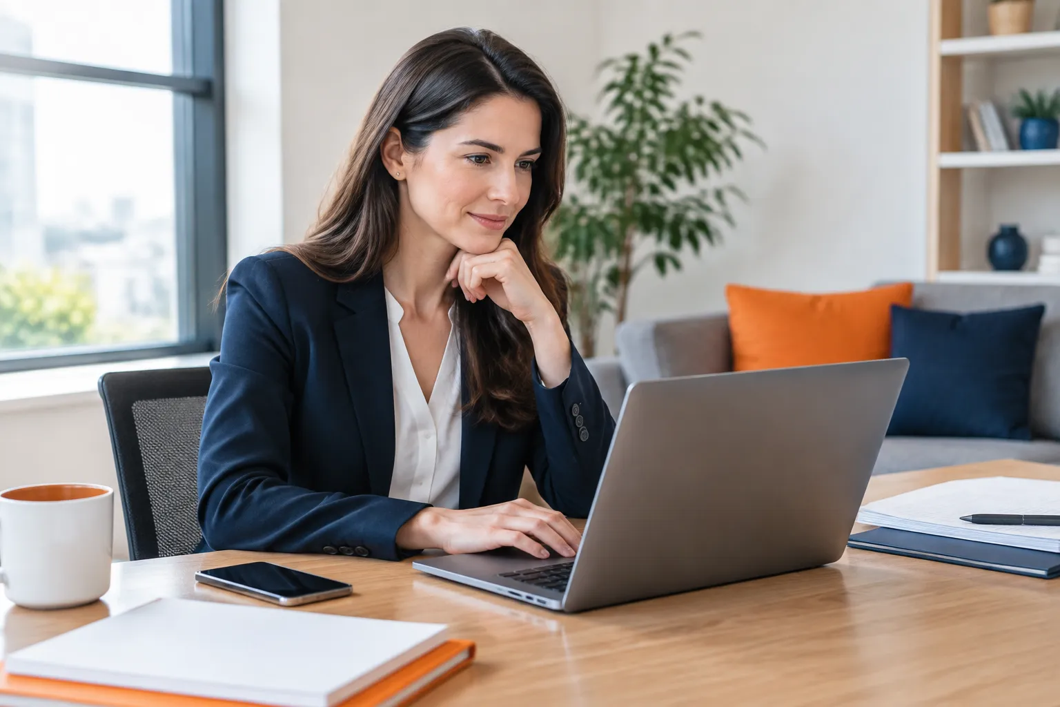 Businesswoman working on laptop at home office desk