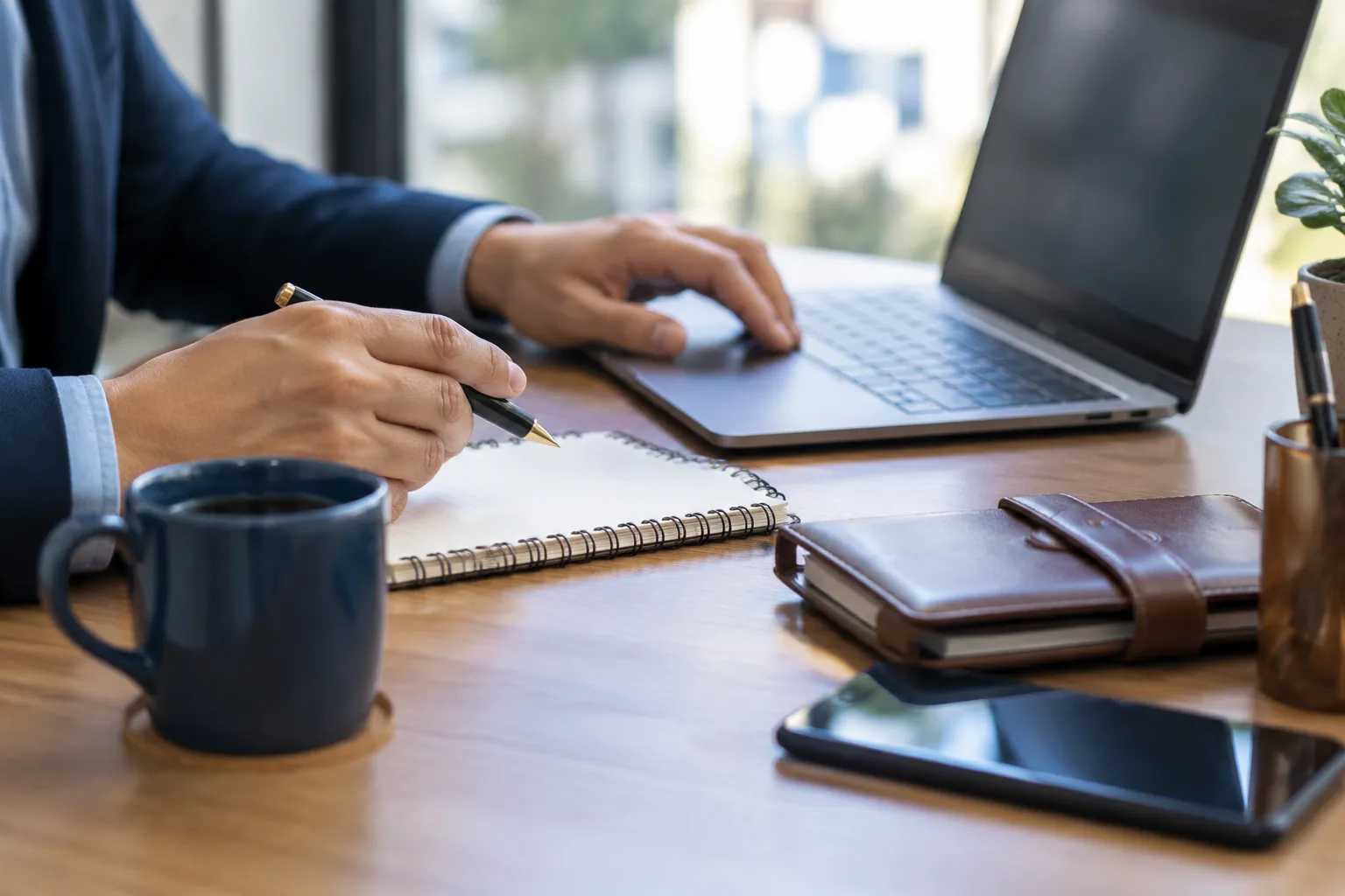 Businessperson writing in notebook beside laptop and coffee mug