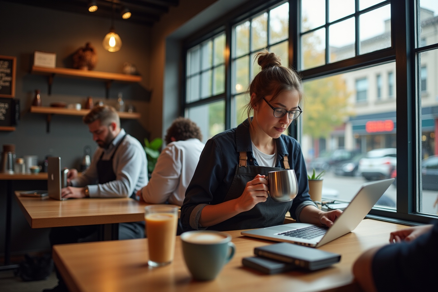 A woman working on a laptop in a cozy cafe setting.