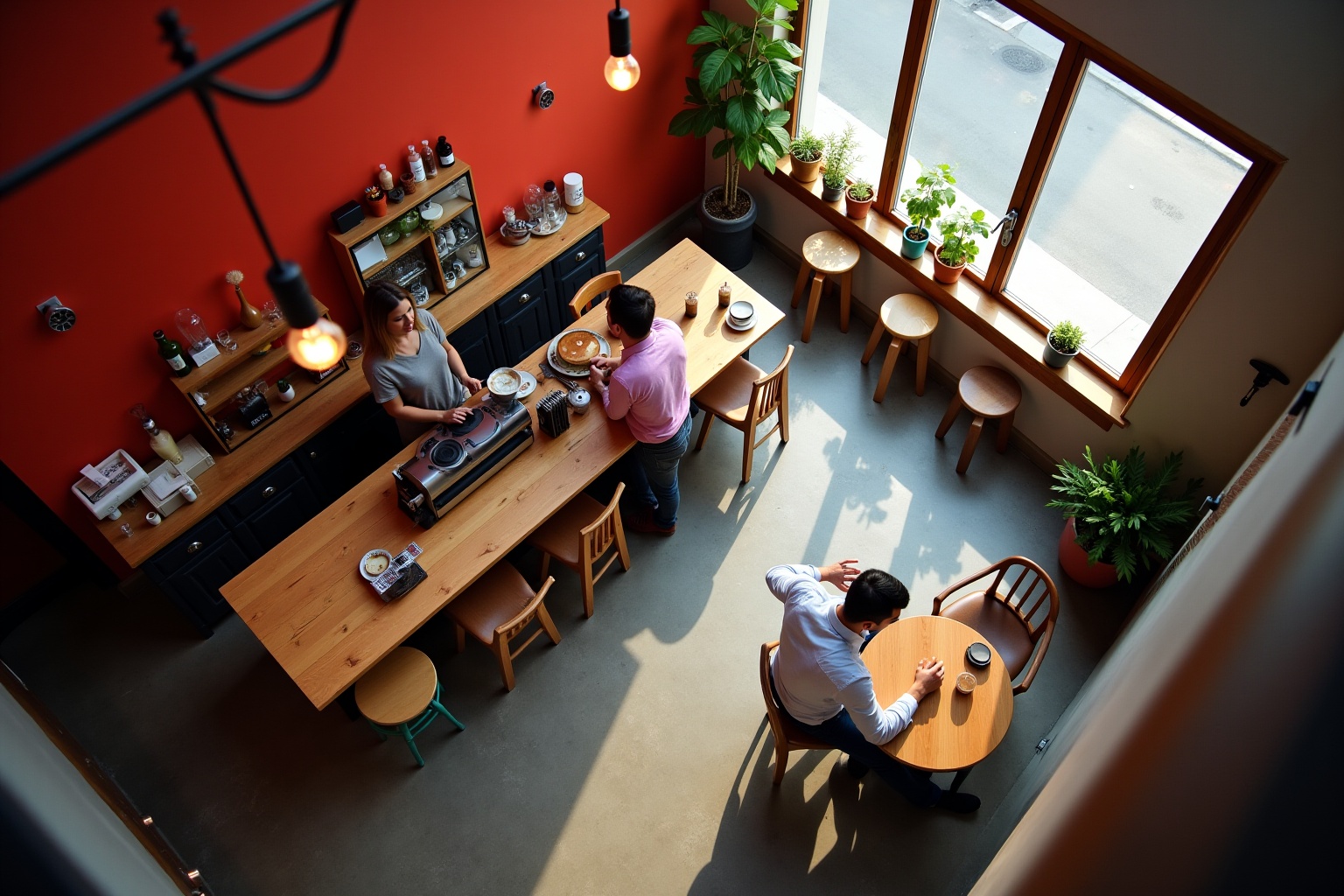 Cozy cafe interior with customers enjoying coffee and conversation.