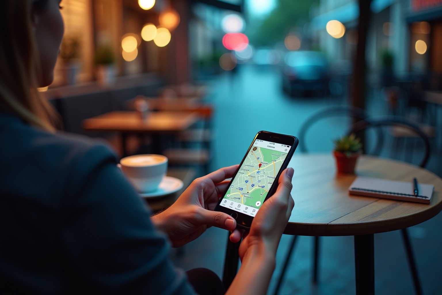 Person using a smartphone with a map application in a cozy cafe setting.