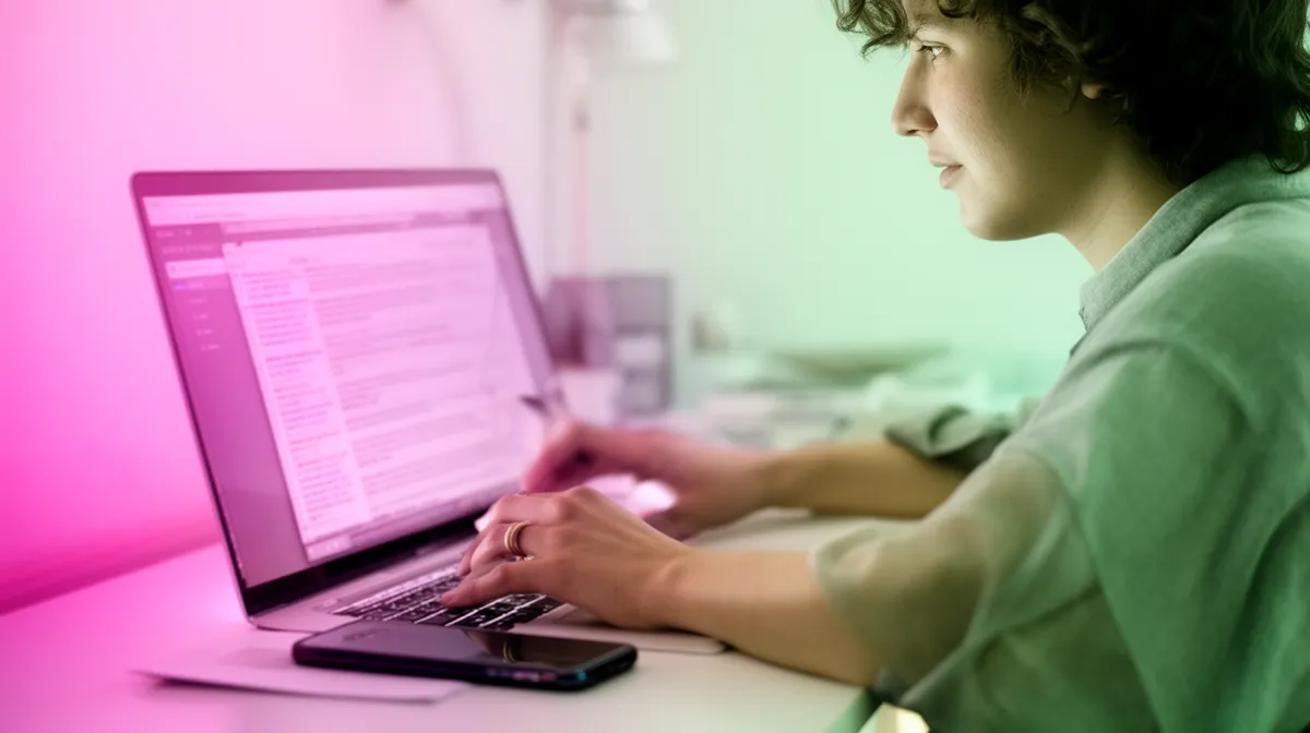 A person working intently on a laptop in a colorful environment.