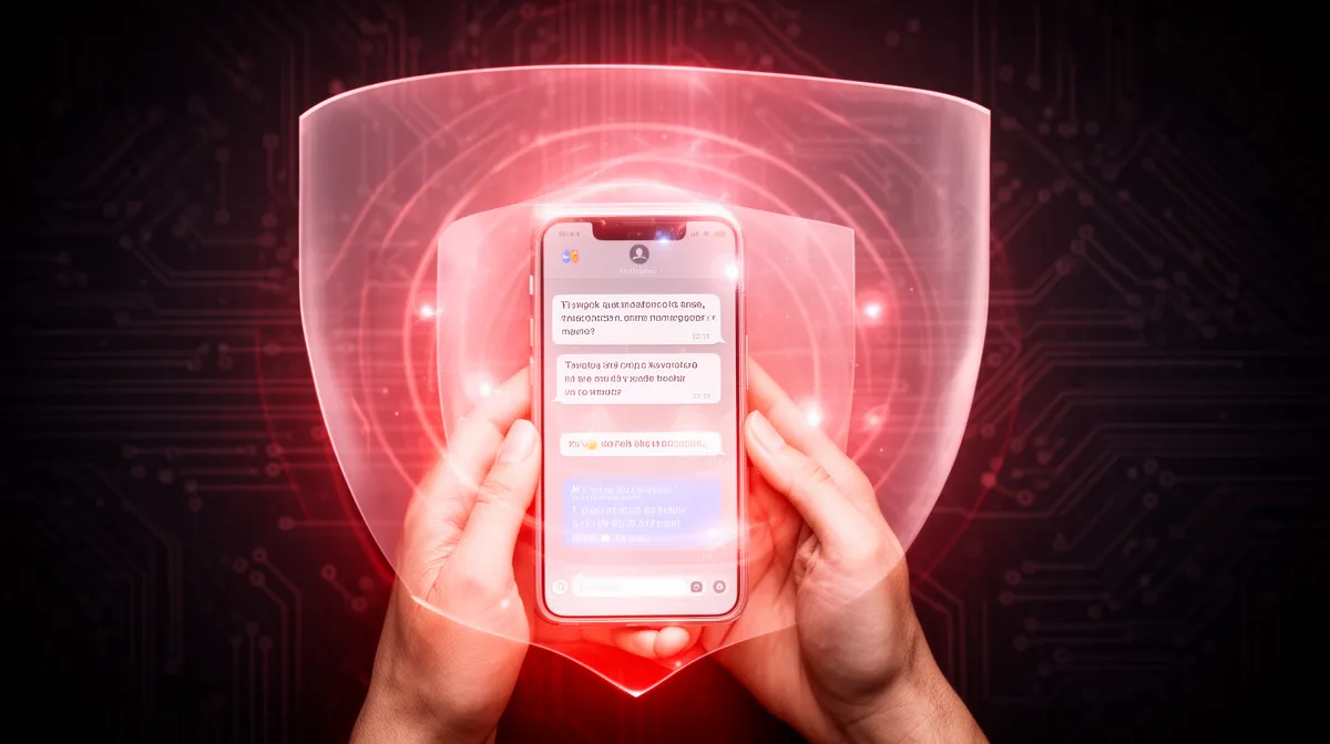 Hands holding a smartphone with a glowing holographic display.