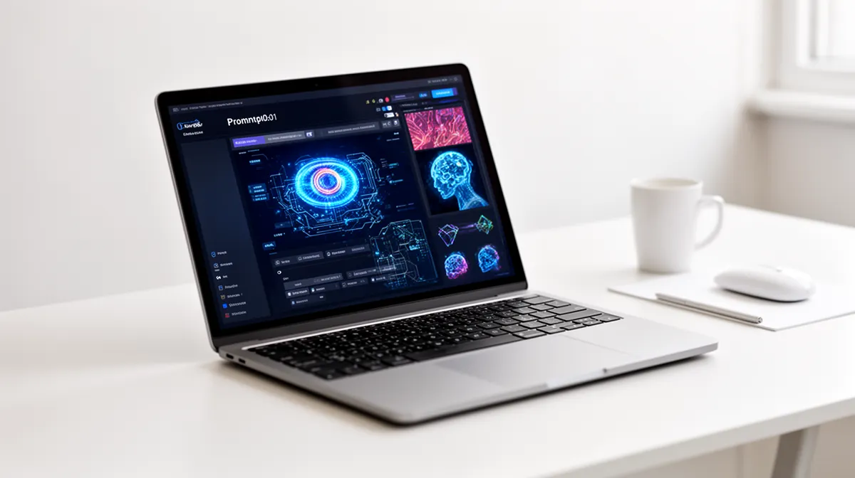 Laptop displaying futuristic user interface with holographic elements.