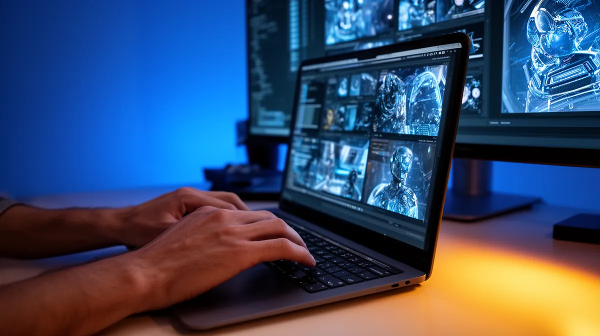Laptop displaying 3D computer-generated images in a dark room.