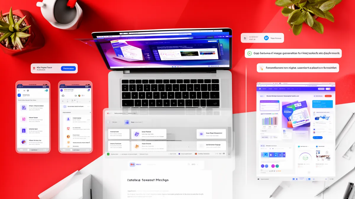 Laptop, smartphones, office supplies, and digital interface on red background.
