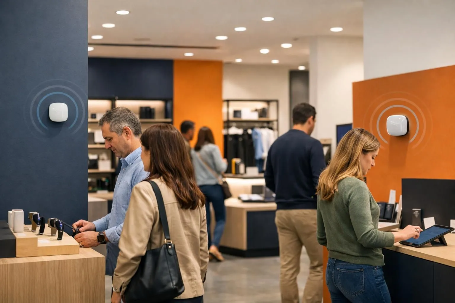 Modern retail store interior with customers browsing products while holding smartphones, subtle digital signal waves emanating from small beacon devices mounted on walls and displays, warm professional lighting creating an innovative technology atmosphere without any visible text or labels