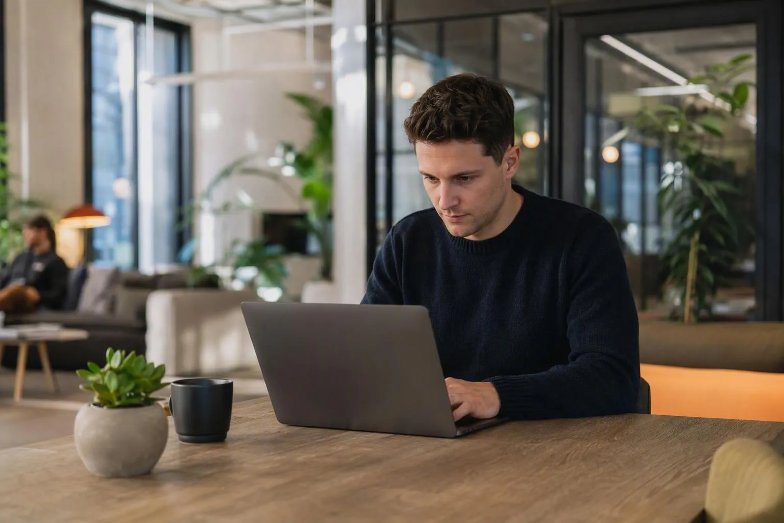 A person in a black sweater working on a laptop in an office.
