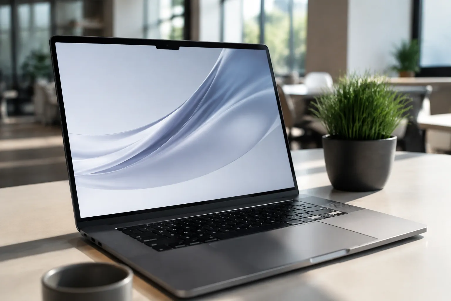 Sleek laptop with abstract white wavy pattern on screen.