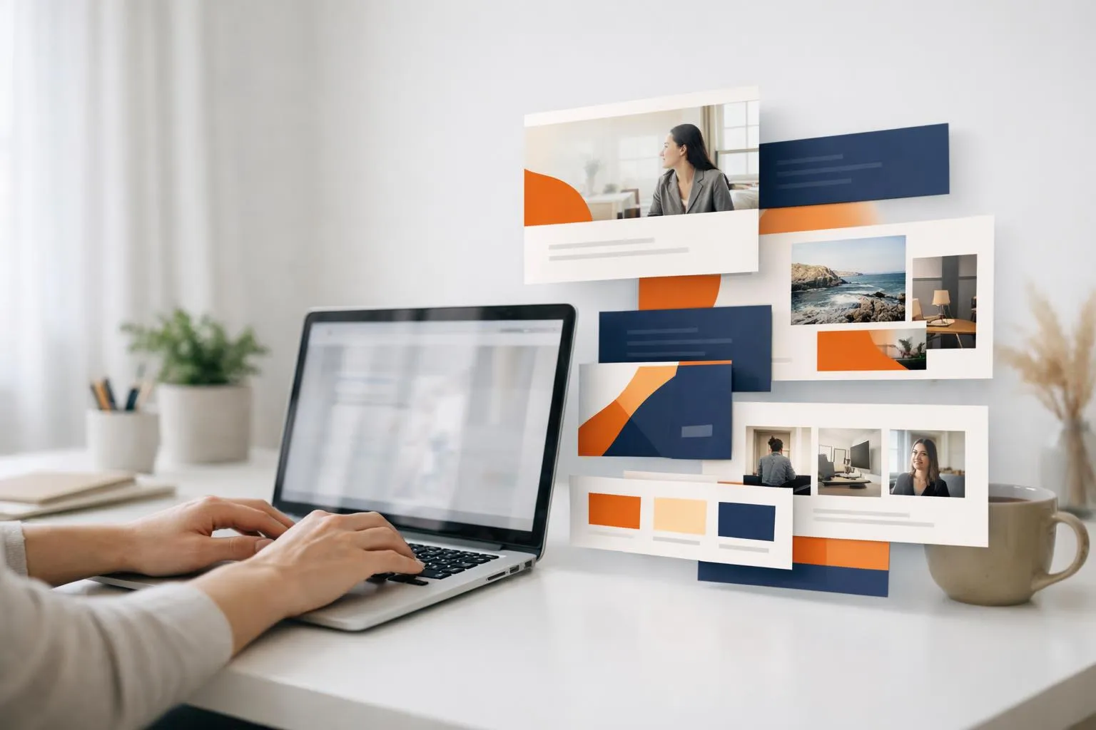 Laptop, collage of images, office supplies, modern workspace.