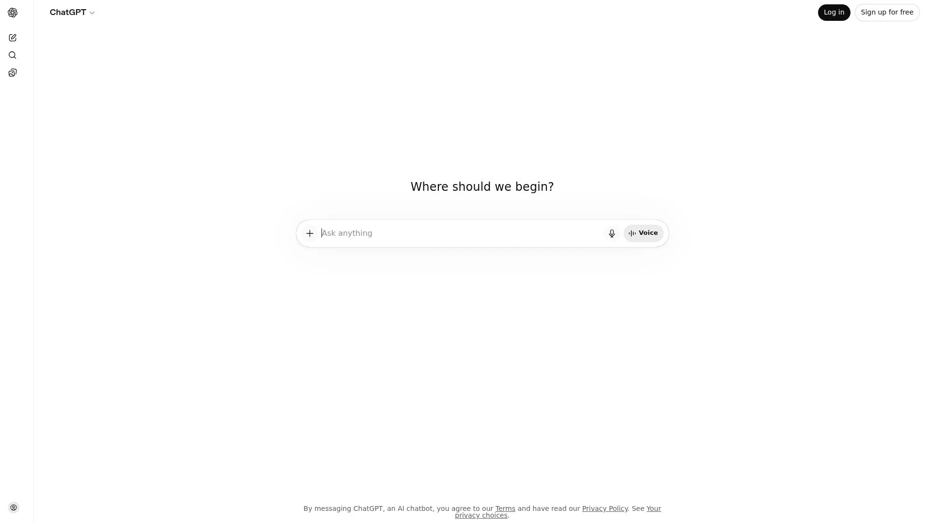 Blank white screen with a prompt asking "Where should we begin?"