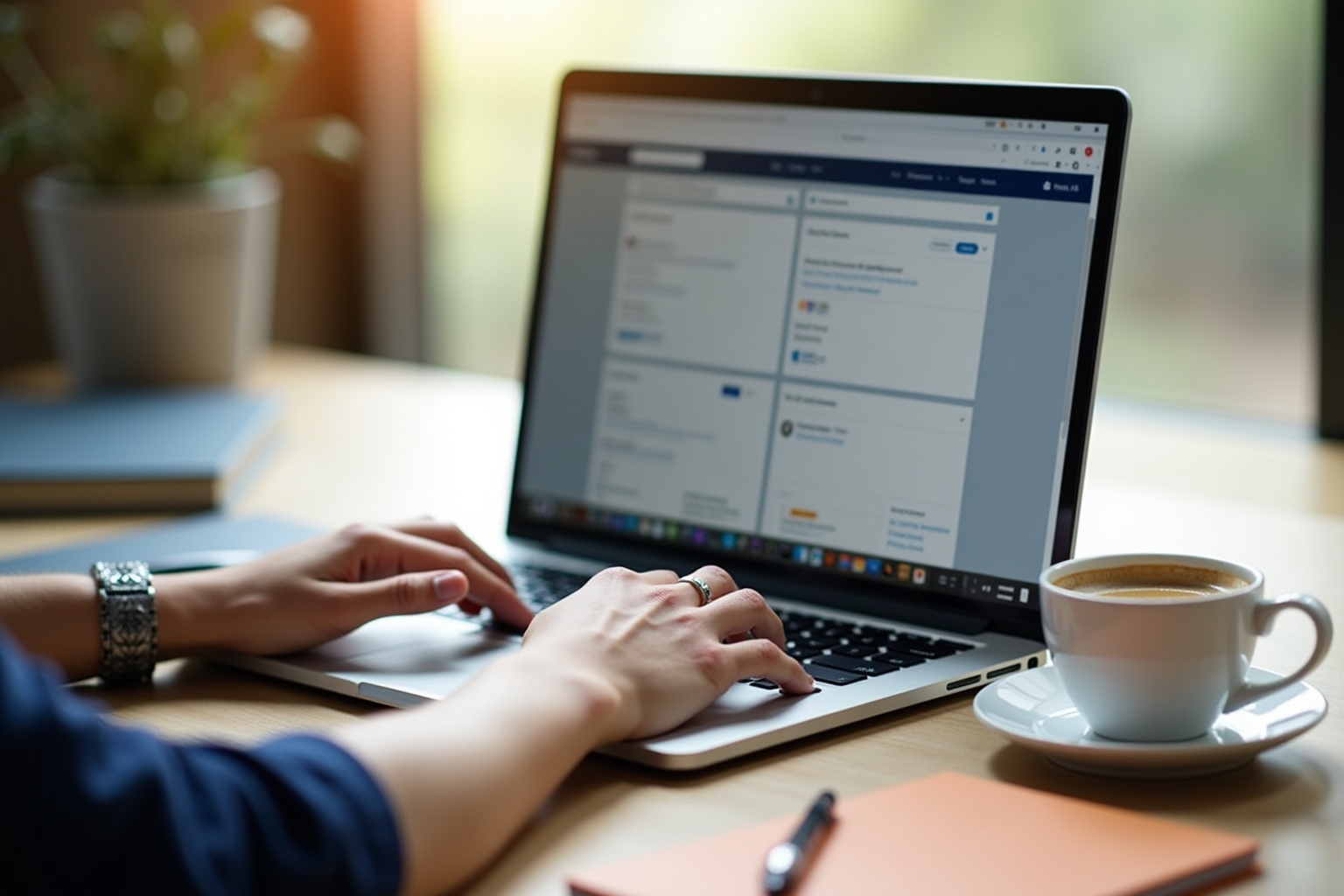 Laptop screen displaying software interface, hands typing, coffee cup on desk.