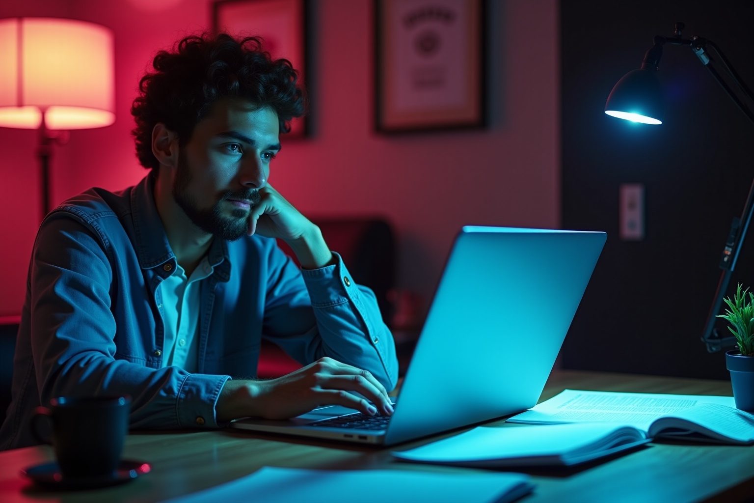 A man working intently on a laptop in a dimly lit room.