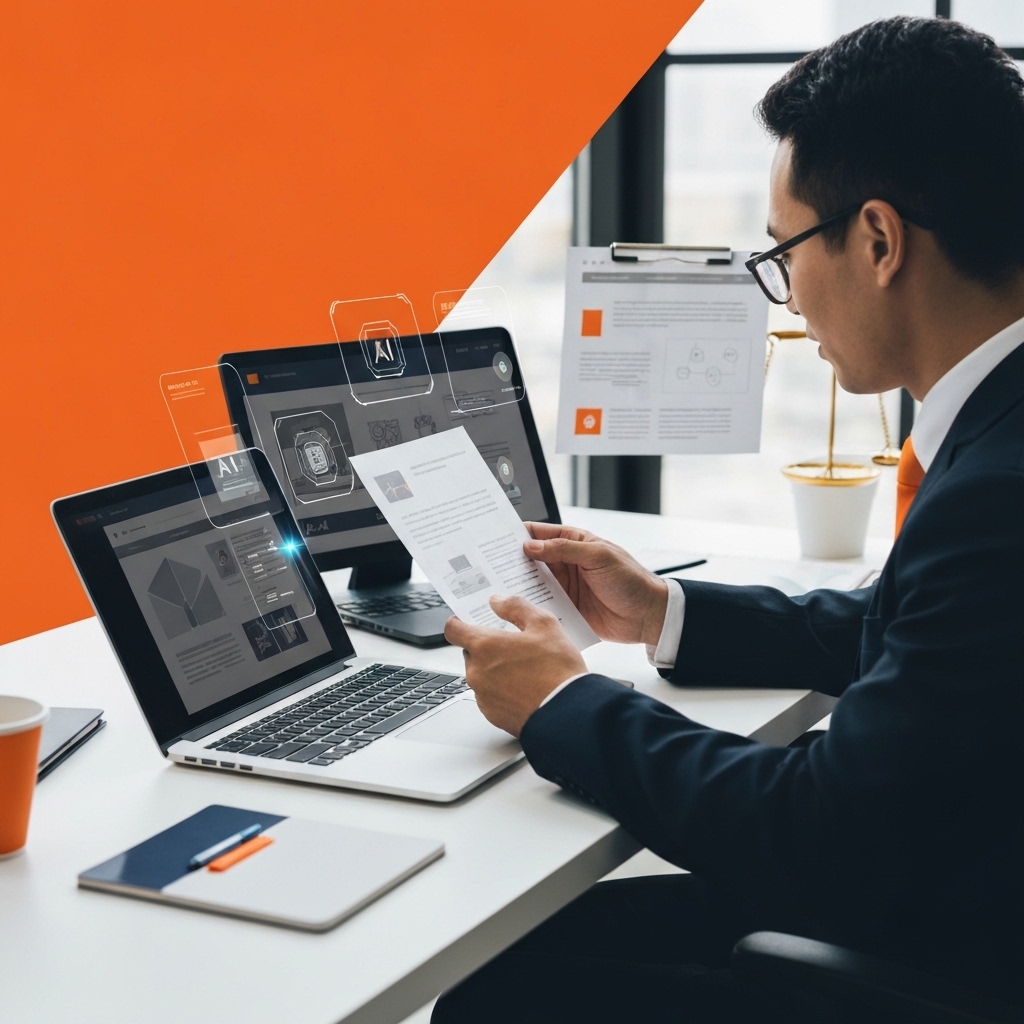 Professional lawyer reviewing website designs on laptop in contemporary law office, with subtle holographic AI interface elements and legal documents visible, representing modern technology adoption in legal practice