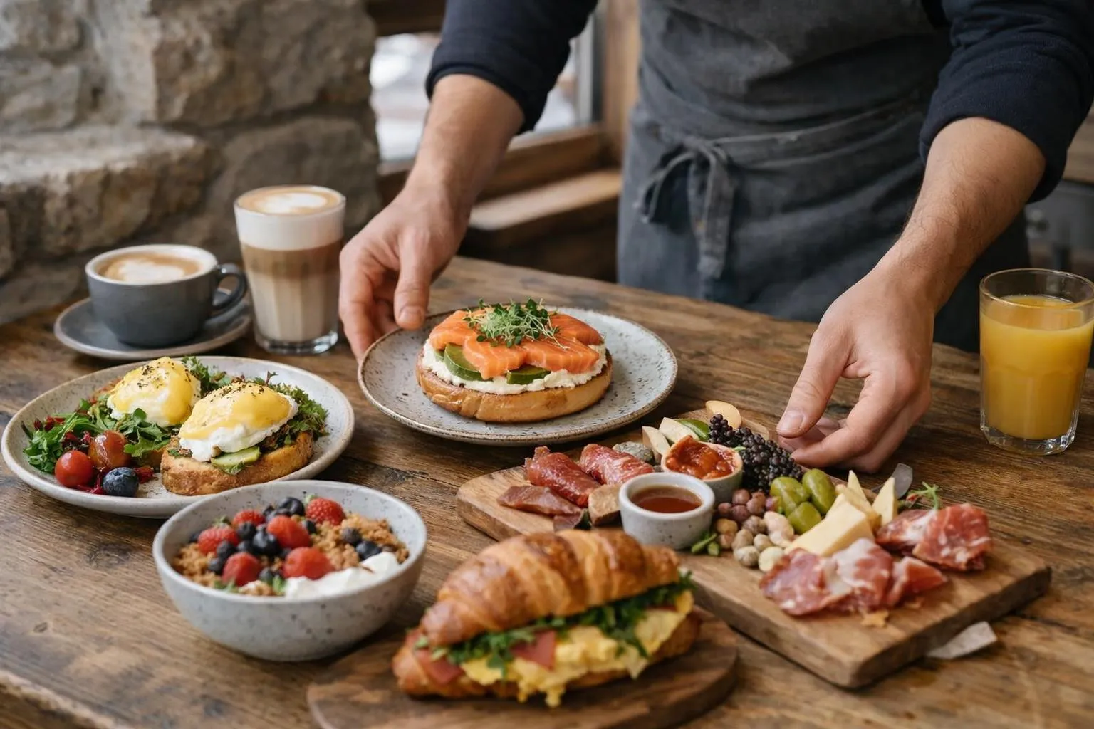 Delectable breakfast spread with pastries, fruits, and savory dishes.