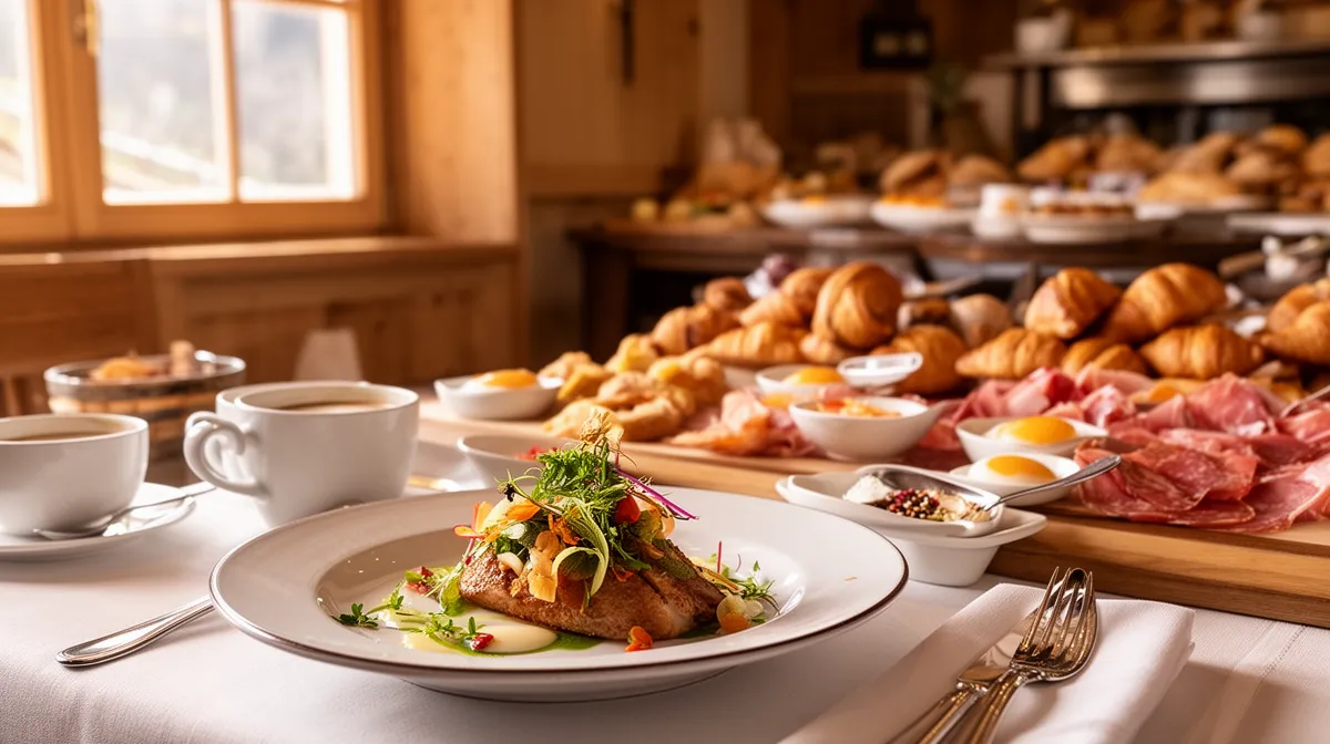 A cozy bakery setting with a hearty breakfast spread.