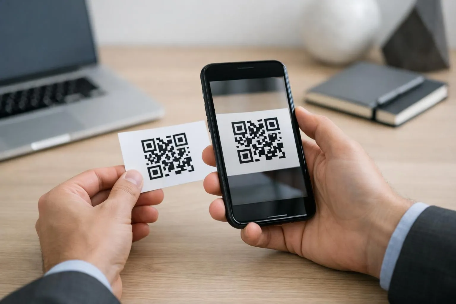 Hands holding smartphone and QR code cards on desk.