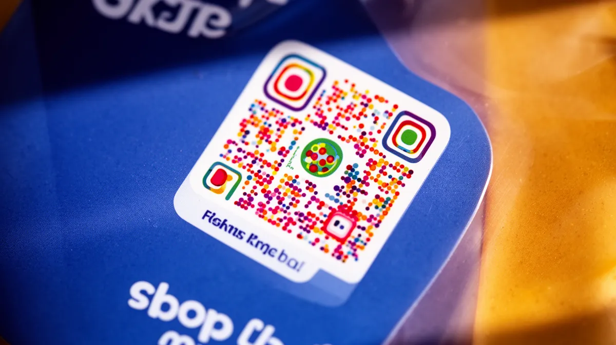 Colorful QR code on a blue background.